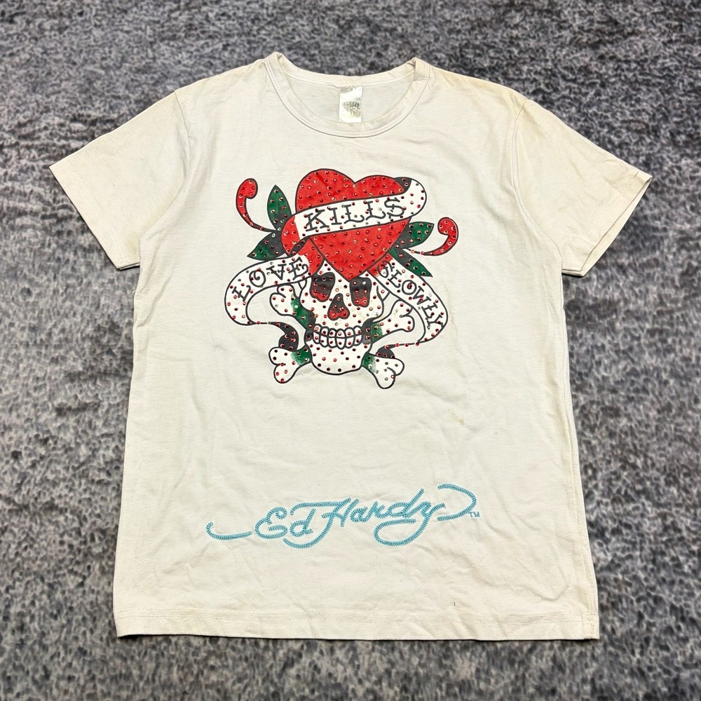 Ed Hardy By Christian Audigier‎ Tattoo Shirt Size Medium White Rhinestones Y2K